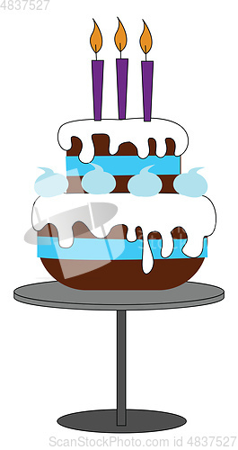 Image of A big fondant birthday cake mounted on a grey cake stand vector 