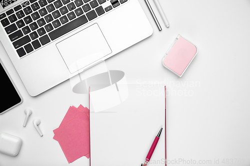 Image of Flat lay, mock-up. Feminine home office workspace, copyspace