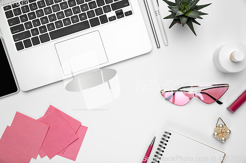 Image of Flat lay, mock-up. Feminine home office workspace, copyspace