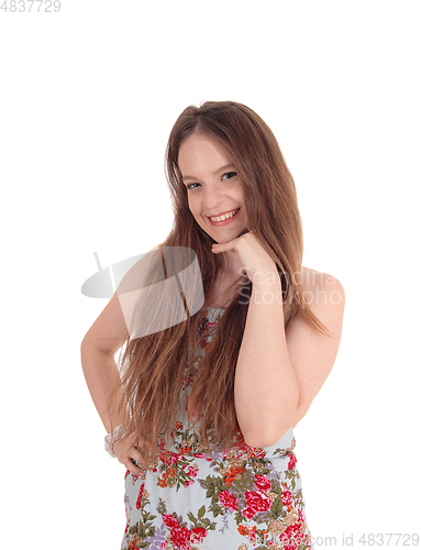 Image of Smiling woman in a colorful dress