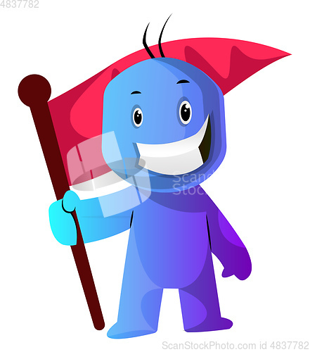 Image of Blue cartoon caracter with a flag illustration vector on white b