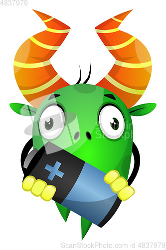 Image of Cartoon monster holding a battery, illustration, vector on white