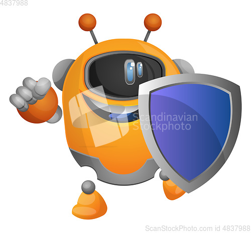 Image of Cheerful robot holding a blue shield illustration vector on whit