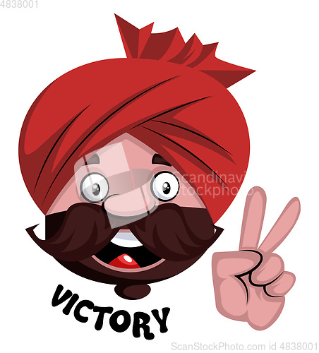 Image of Man with turban is showing victory sign with hand, illustration,