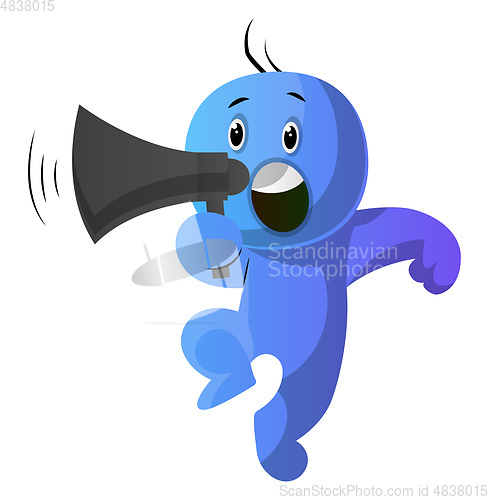 Image of Blue cartoon caracter holding a speakephone illustration vector 