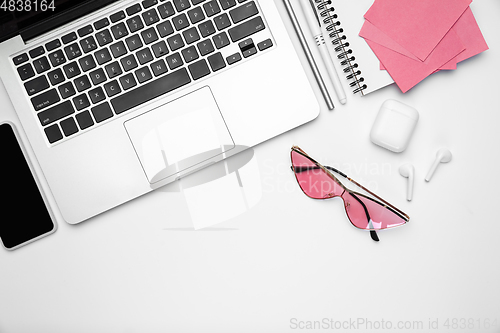 Image of Flat lay, mock-up. Feminine home office workspace, copyspace