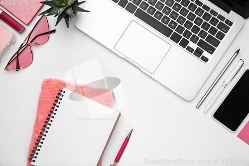 Image of Flat lay, mock-up. Feminine home office workspace, copyspace