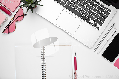 Image of Flat lay, mock-up. Feminine home office workspace, copyspace