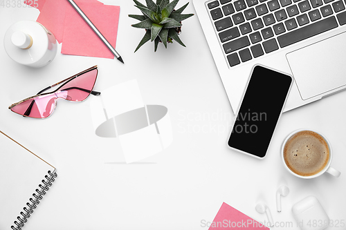 Image of Flat lay, mock-up. Feminine home office workspace, copyspace