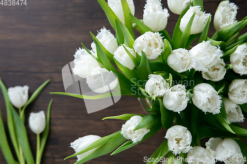 Image of Close up of fashion modern bouquet of different flowers on wooden background