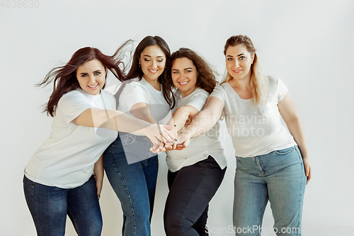 Image of Young women in casual clothes having fun together. Bodypositive concept.