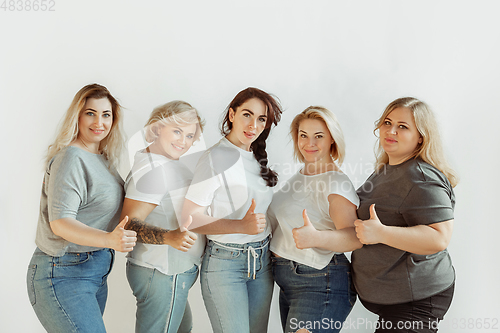 Image of Young women in casual clothes having fun together. Bodypositive concept.