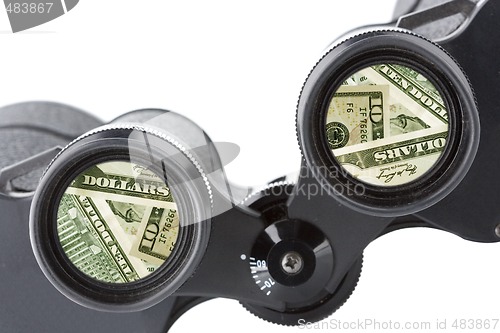 Image of isolated binoculars with money