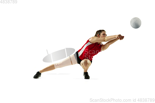 Image of Young female volleyball player isolated on white studio background in flight and motion