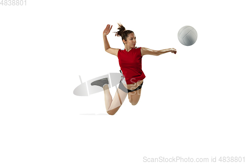 Image of Young female volleyball player isolated on white studio background in flight and motion