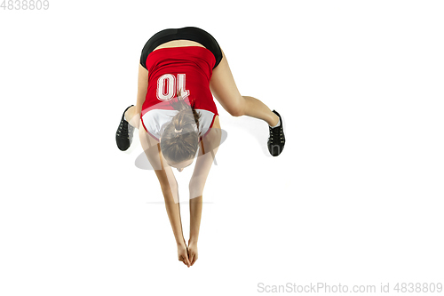 Image of Young female volleyball player isolated on white studio background in flight and motion