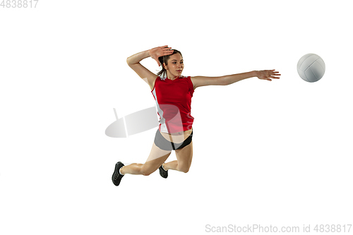 Image of Young female volleyball player isolated on white studio background in flight and motion