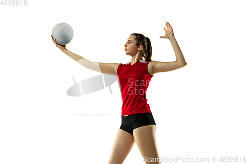 Image of Young female volleyball player isolated on white studio background in flight and motion
