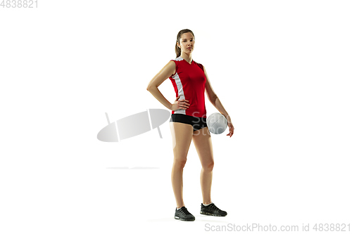 Image of Young female volleyball player isolated on white studio background in flight and motion