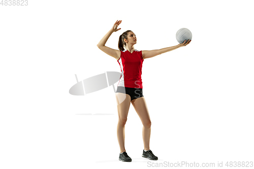 Image of Young female volleyball player isolated on white studio background in flight and motion