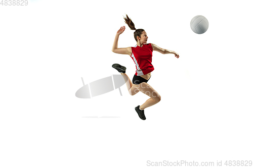 Image of Young female volleyball player isolated on white studio background in flight and motion