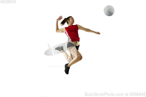 Image of Young female volleyball player isolated on white studio background in flight and motion