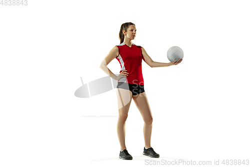Image of Young female volleyball player isolated on white studio background in flight and motion