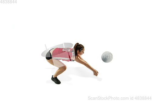 Image of Young female volleyball player isolated on white studio background in flight and motion