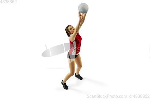 Image of Young female volleyball player isolated on white studio background in flight and motion