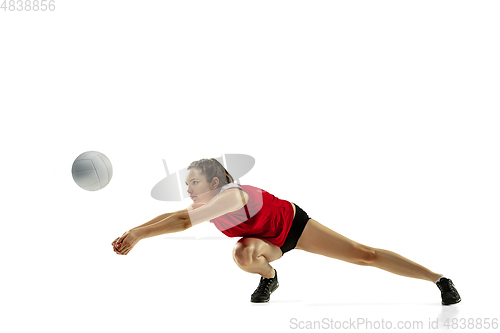 Image of Young female volleyball player isolated on white studio background in flight and motion