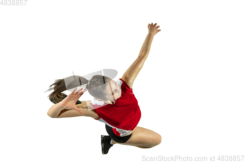 Image of Young female volleyball player isolated on white studio background in flight and motion