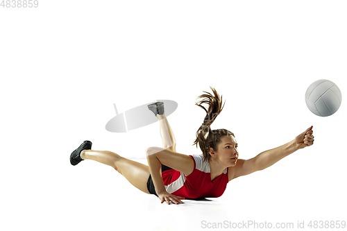 Image of Young female volleyball player isolated on white studio background in flight and motion