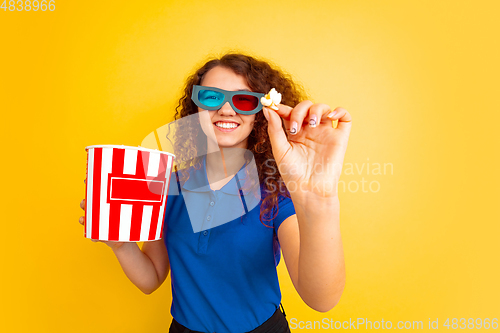 Image of Caucasian teen\'s girl portrait on yellow background