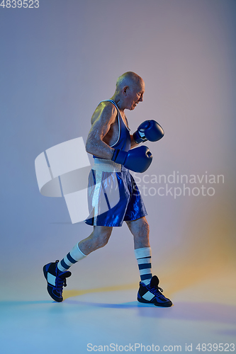 Image of Senior man wearing sportwear boxing isolated on gradient studio background in neon light. Concept of sport, activity, movement, wellbeing. Copyspace, ad.