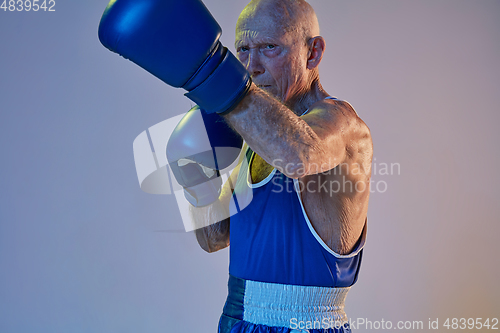 Image of Senior man wearing sportwear boxing isolated on gradient studio background in neon light. Concept of sport, activity, movement, wellbeing. Copyspace, ad.