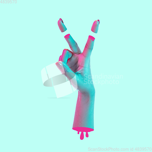 Image of Hands aesthetic on bright background, artwork. Concept of human relation, community, togetherness, symbolism, surrealism.