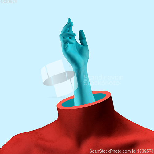 Image of Hands aesthetic on bright background, artwork. Concept of human relation, community, togetherness, symbolism, surrealism.