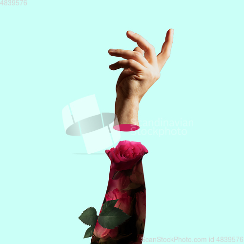 Image of Hands aesthetic on bright background, artwork. Concept of human relation, community, togetherness, symbolism, surrealism.