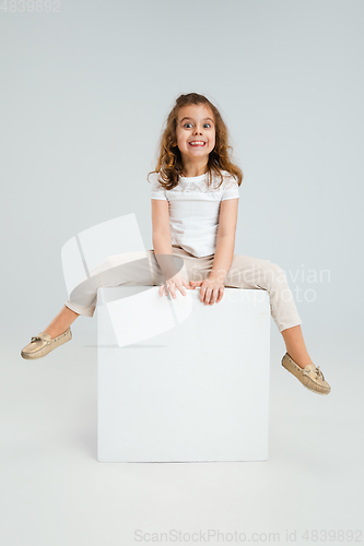 Image of Pretty caucasian girl portrait isolated on white studio background with copyspace