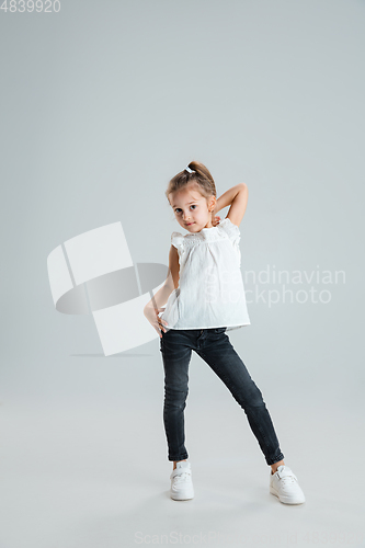 Image of Pretty caucasian girl portrait isolated on white studio background with copyspace