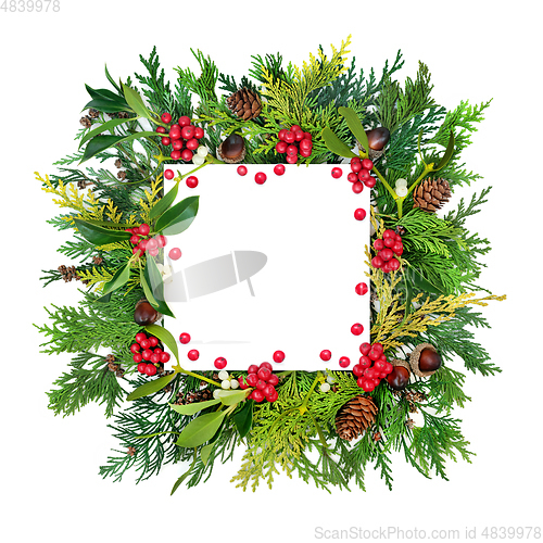 Image of Traditional Winter Holly and Greenery Background Border