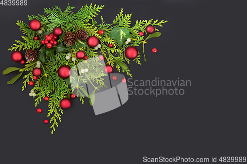 Image of Christmas Red Bauble and Winter Flora Decoration