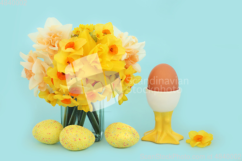 Image of Easter Egg Themed Composition with Daffodils