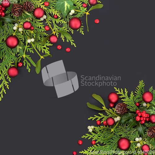 Image of Christmas Background with Red Ball Baubles and Winter Greenery 