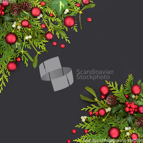 Image of Christmas Background with Red Ball Baubles and Winter Greenery 