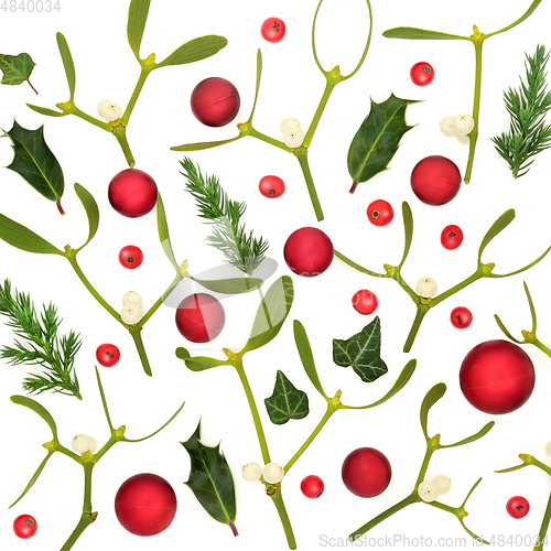 Image of Christmas Composition with Red Baubles and Winter Greenery 