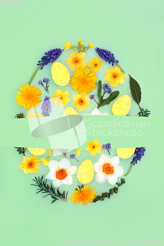 Image of Abstract Easter Egg Shape with Eggs and Flowers