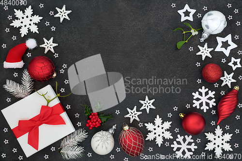 Image of Christmas Gift Box and Abstract Bauble Background