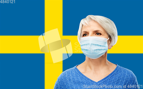 Image of senior woman in mask over flag of sweden