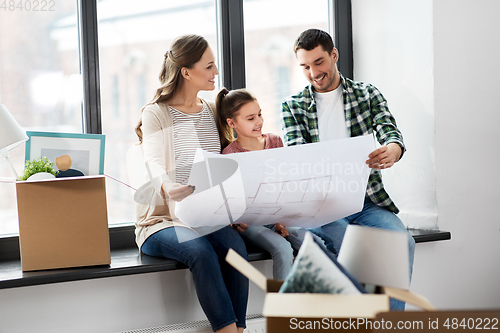 Image of happy family with blueprint moving to new home